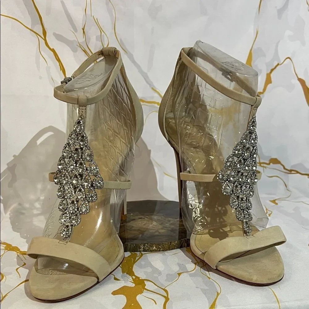 *SCHUTZ Crystal Embellished Leather Tan Heels